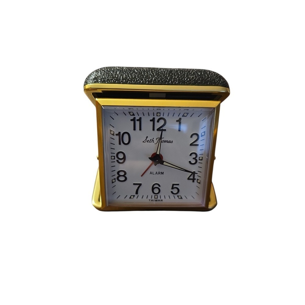 Vtg Seth Thomas Travel Alarm Clock Gold Tone Black Leather Case Wind Up NIB